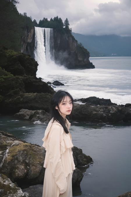 08852-2320012053-Beneath a towering cliff,a woman stands with a cascading waterfall behind her. The weather is overcast,casting the scene in a pa.png